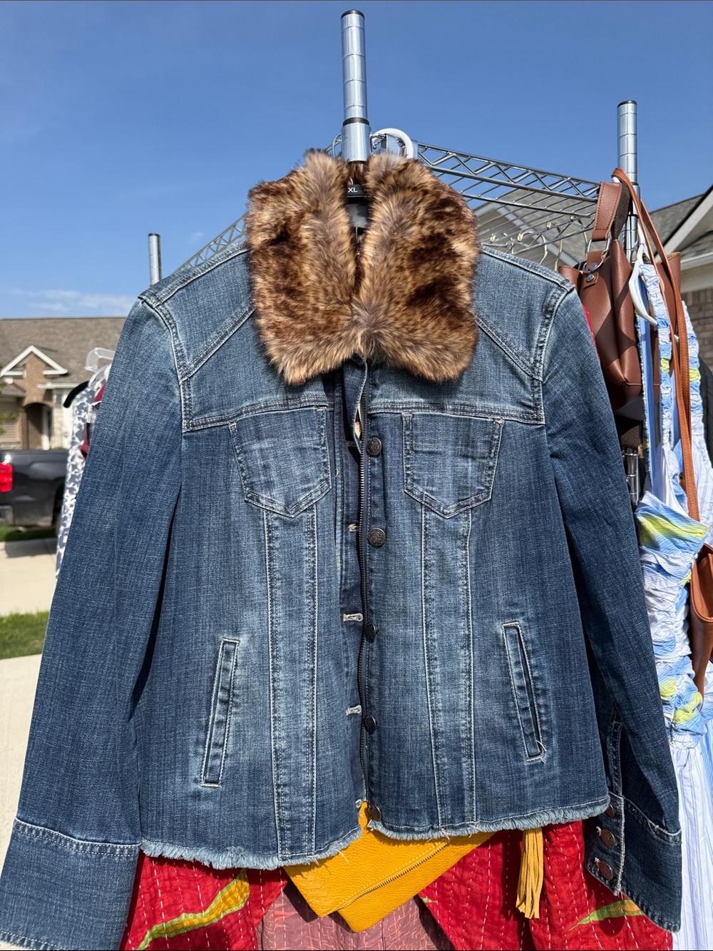 Chico's Dark Blue Denim Jacket with Brown Faux Fur Collar